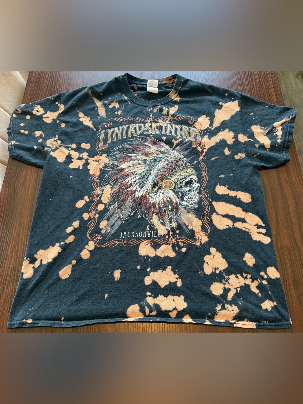 Lynyrd Skynyrd Mens Black Bleach Dye T Shirt Grunge Distressed Native Skull XL